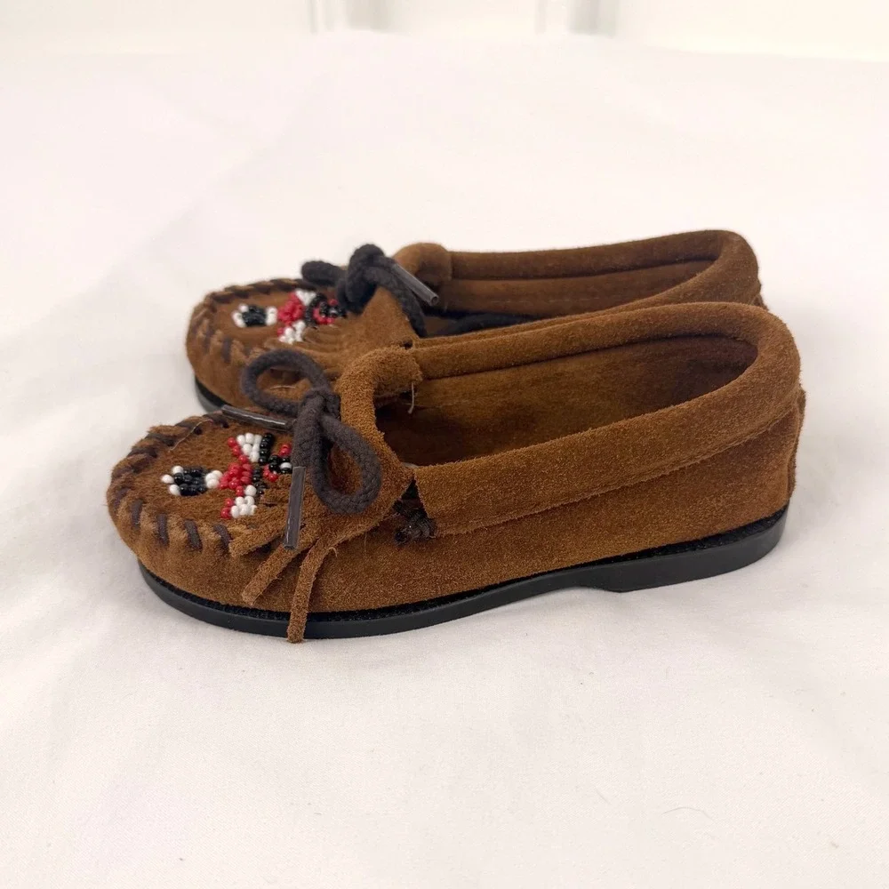 Minnetonka Moccasin Thunderbird Kids Brown Suede Beaded Fringe Loafers